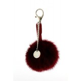 Key Chain - Rabbit Fur Pom Pom w/ metal disc - Burgundy - KC-YQ003BG